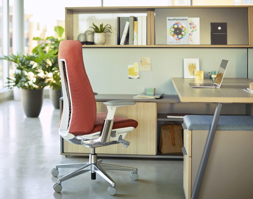 Fern task chair with digital knit back. Shown with Be_hold storage and Compose